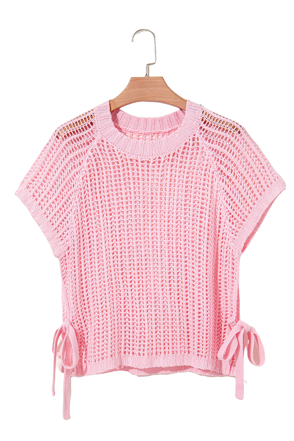 Pink Hollow-out Crochet Side Tied Short Sleeve Sweater