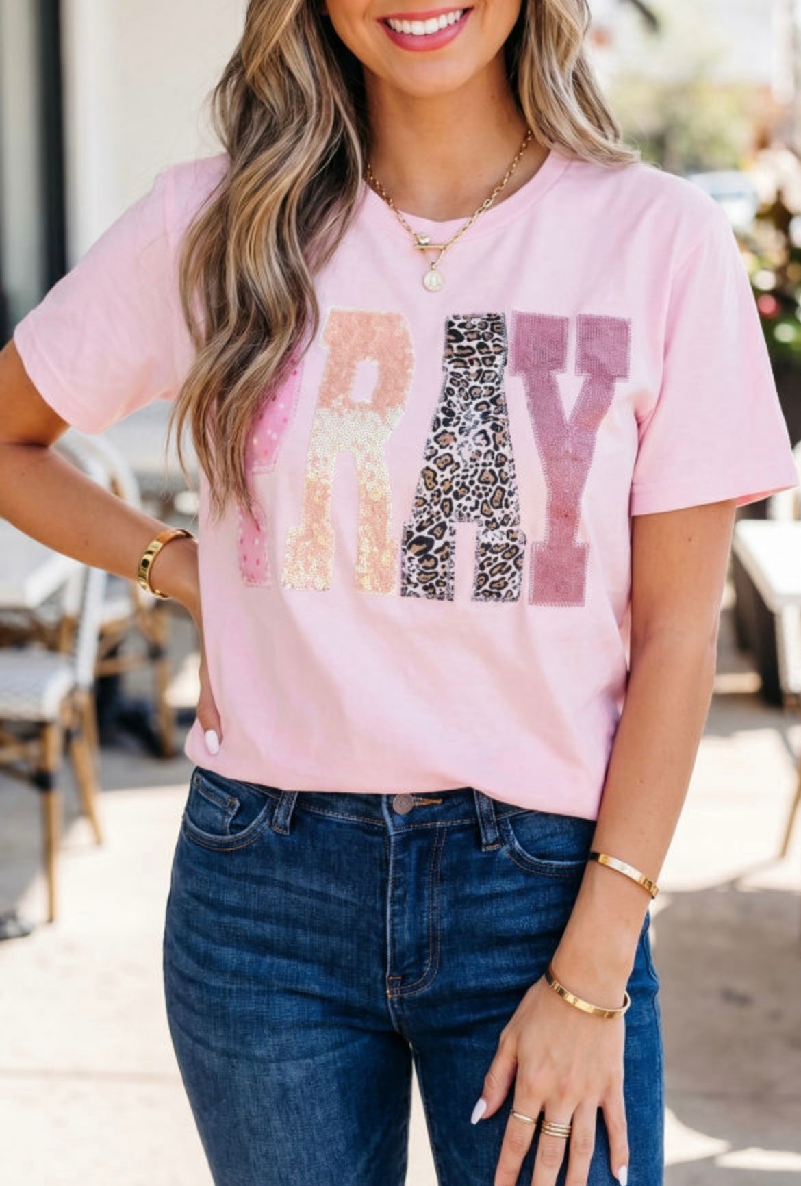 Pink PRAY Sequin Leopard Multiple Patched Graphic Tee