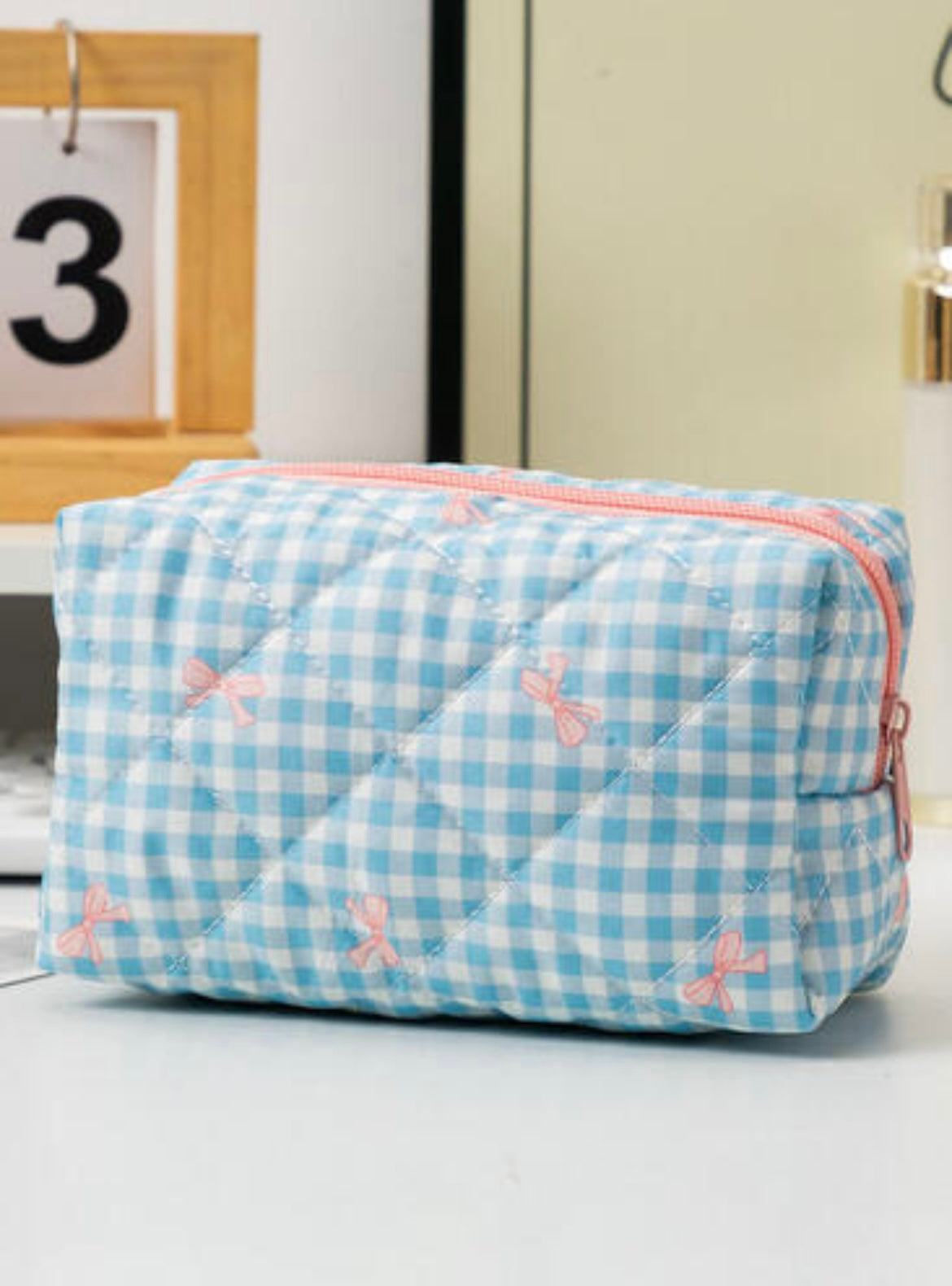 Peacock Blue Sweet Bow Knot Print Quilted Zipper Cosmetic Bag