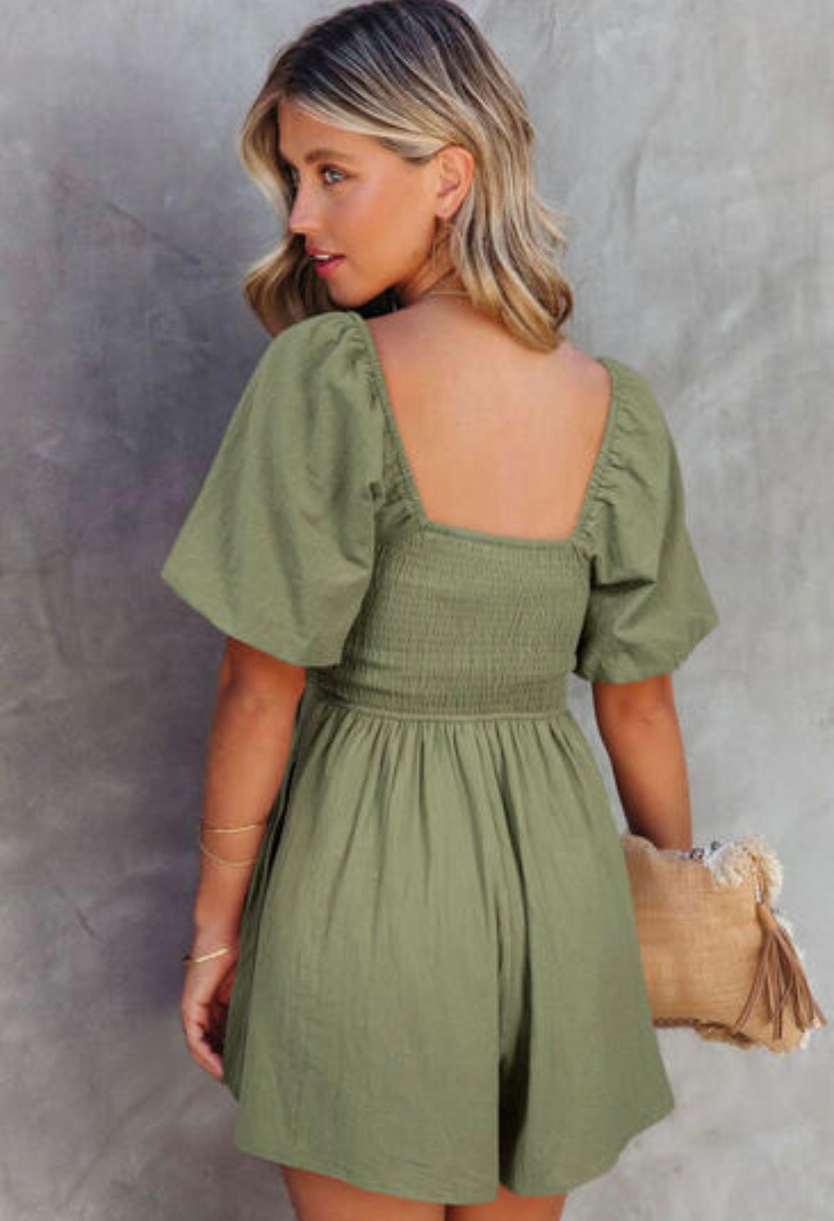 Jungle Green Square Neck Ruched Puff Sleeve Romper
