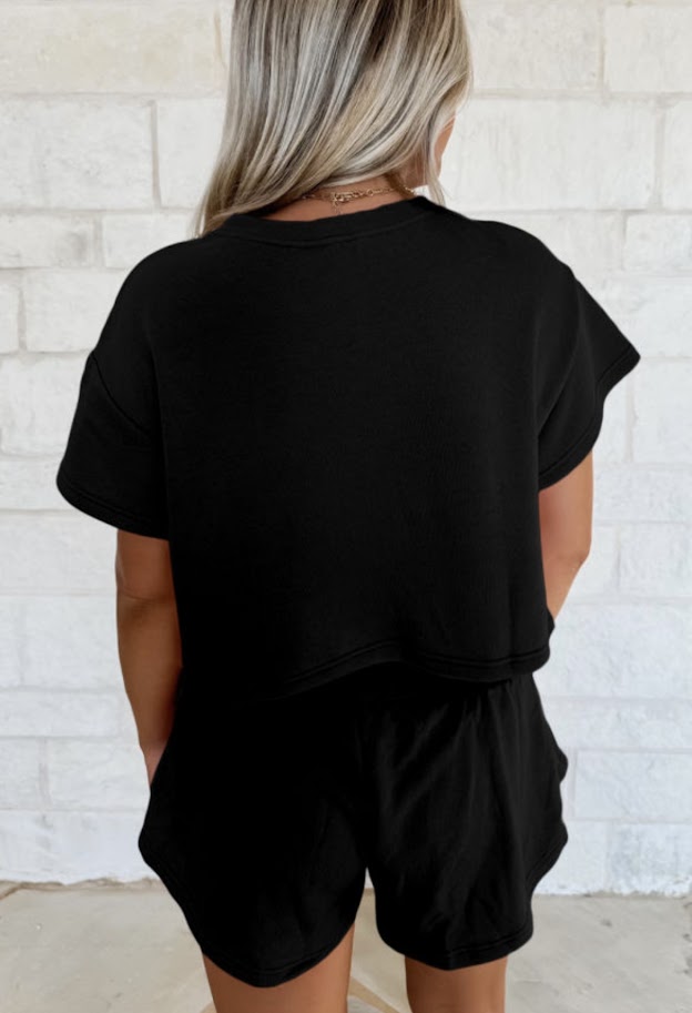 Black 2pcs Cropped Tee and Ruffle High Waist Skort Set