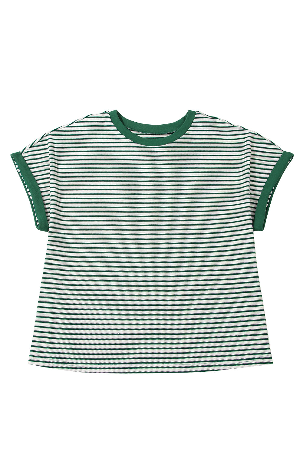 Green Stripe Trimmed Round Neck Plus Size Boxy Fit T-shirt