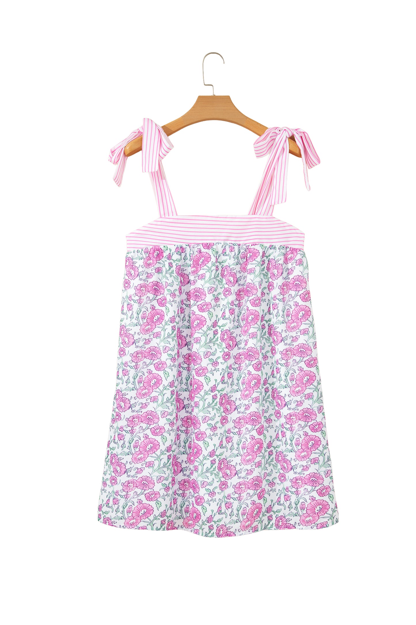 Pink Floral Print Striped Patchwork Bow Knot Straps Mini Dress