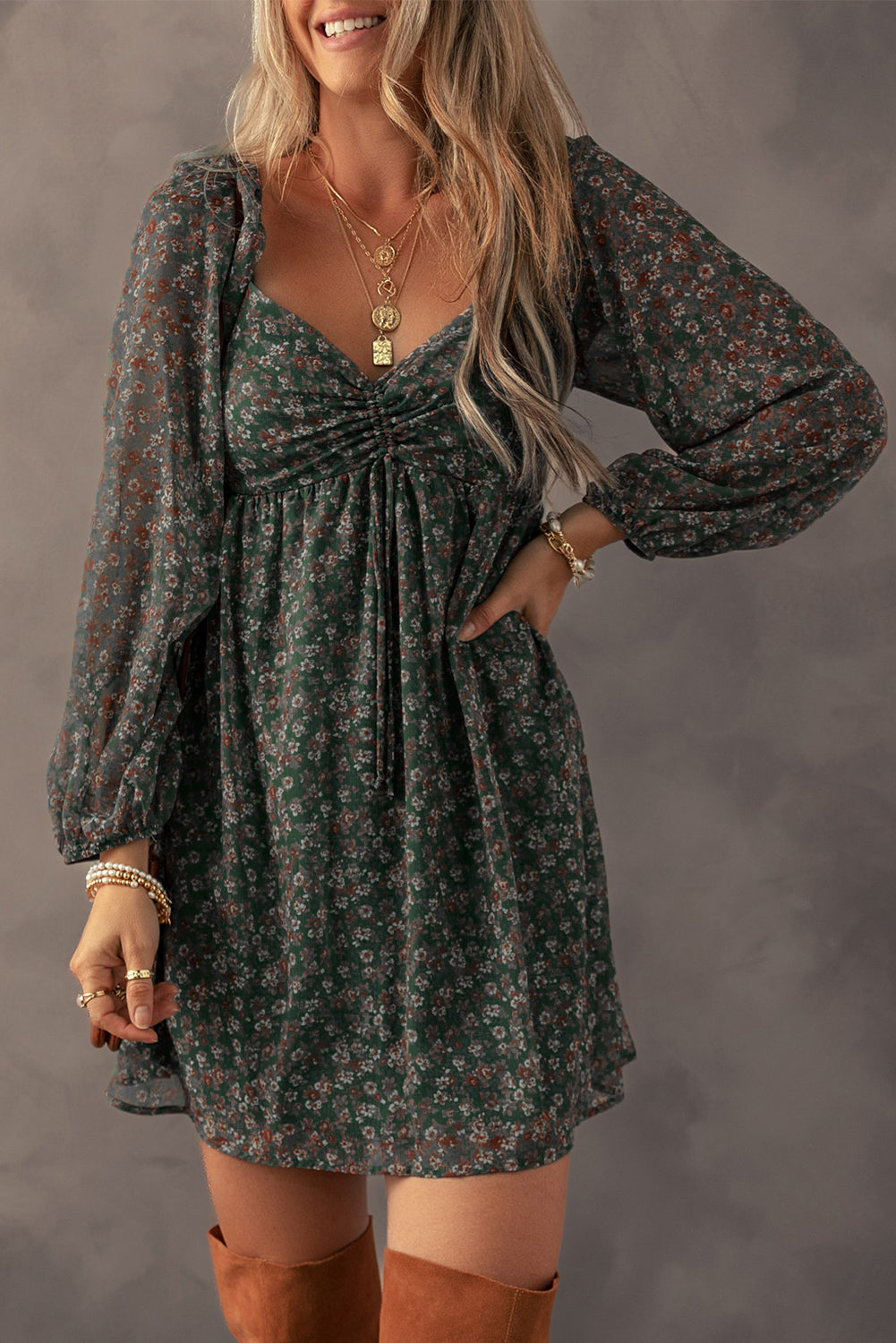 Green Fall Floral Mini Dress