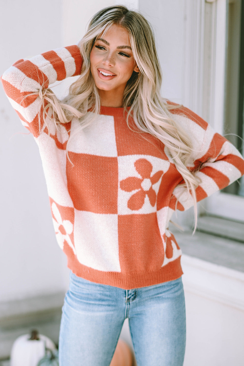 Orange Checkered Floral Sweater