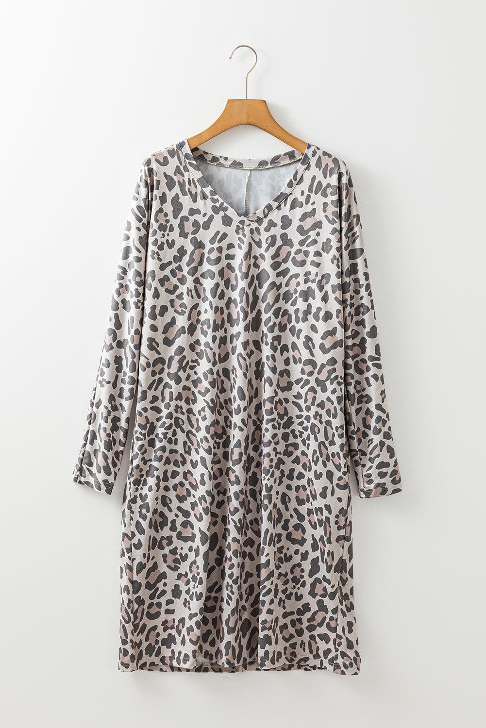 Gray Leopard Print V Neck Loose Fit Mini Dress