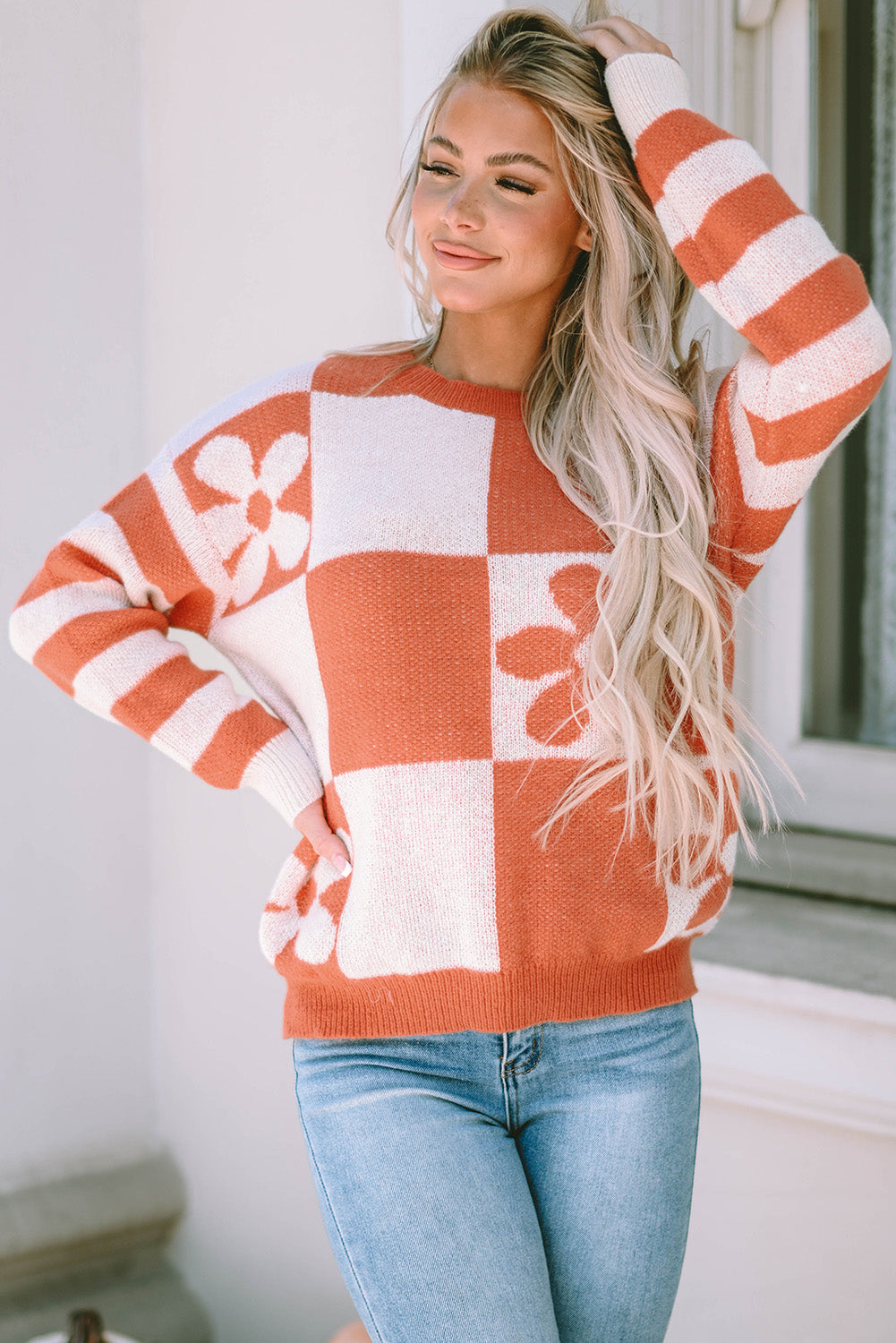 Orange Checkered Floral Sweater