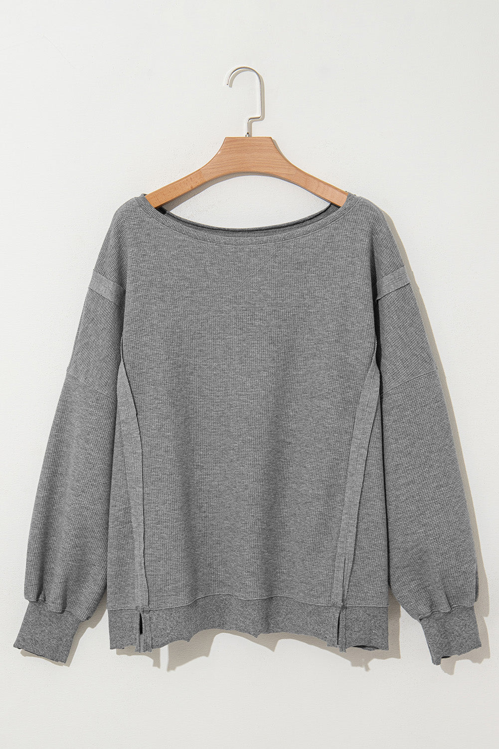 Gray Waffle knit Bishop Sleeve Split Oversized Top