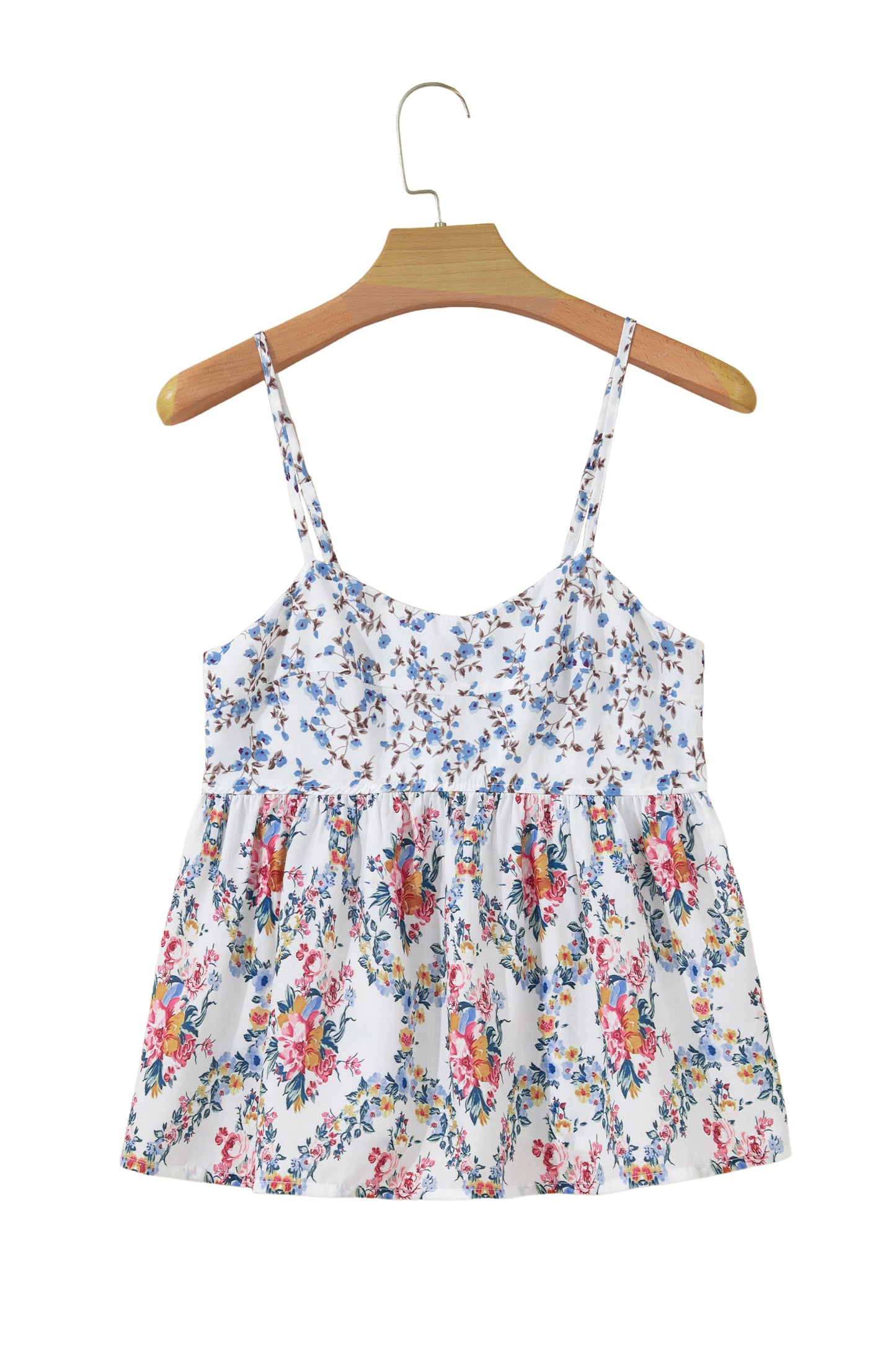 White Contrast Floral Printed Patchwork Spaghetti Straps Babydoll Top