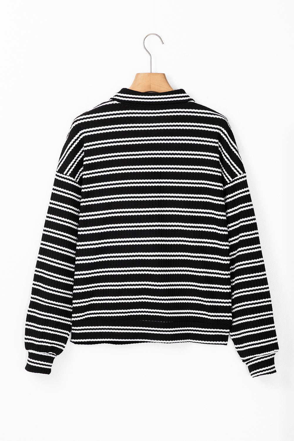 Black Stripe Textured Quarter Zip Collar Long Sleeve Top