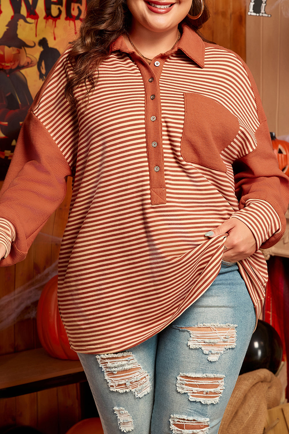 Rust Orange Striped Plus Size Sweatshirt