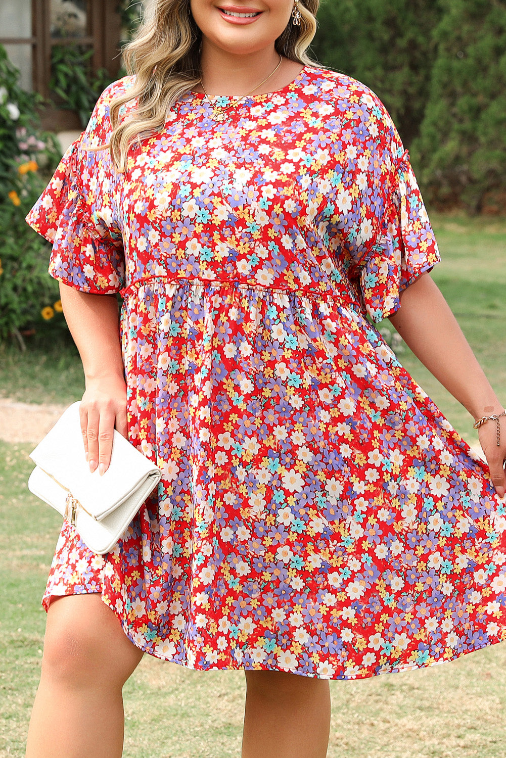 Red Dainty Flower Printed Plus Size Short Sleeve Shift Dress