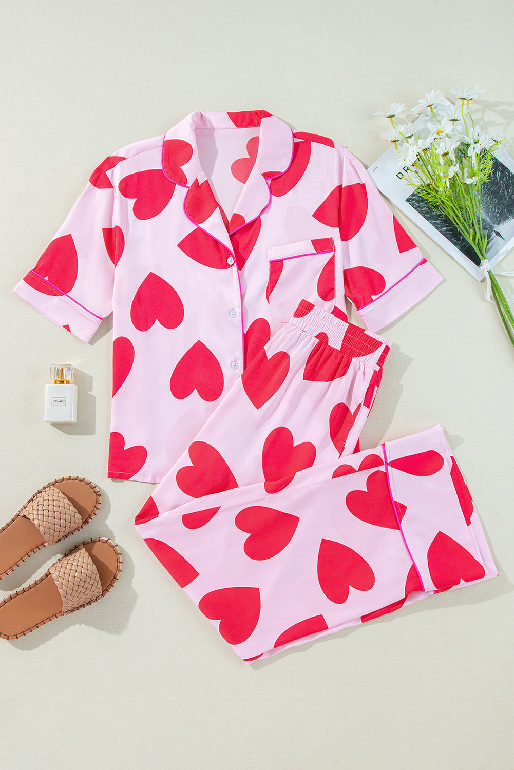 Pink Classic Heart Short Sleeve Pants Pajamas Set