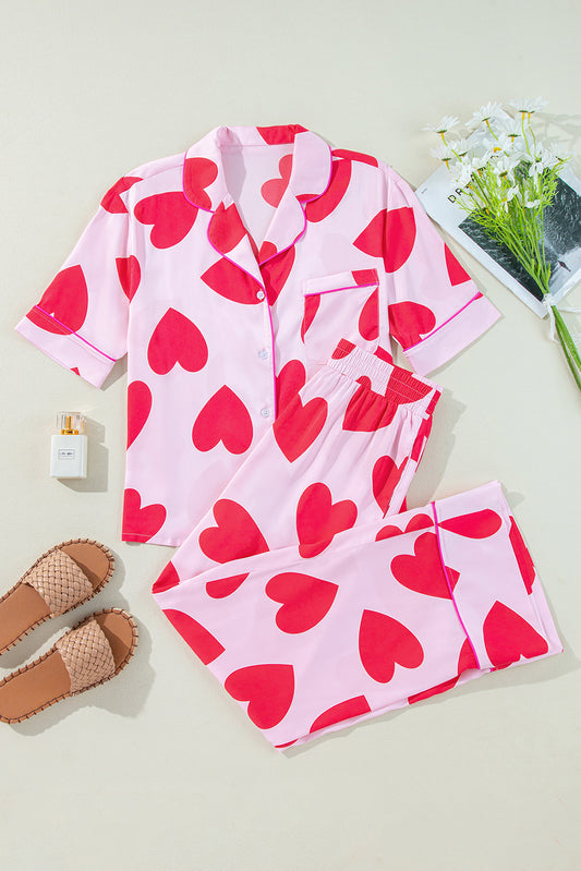 Pink Classic Heart Short Sleeve Pants Pajamas Set