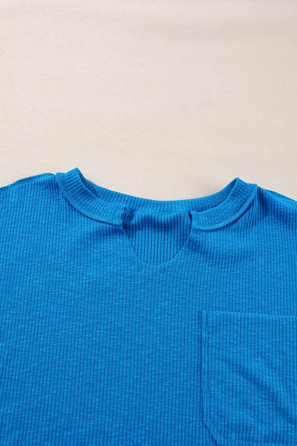 Blue Ribbed Exposed Seam Knit V Neck Long Sleeve Top