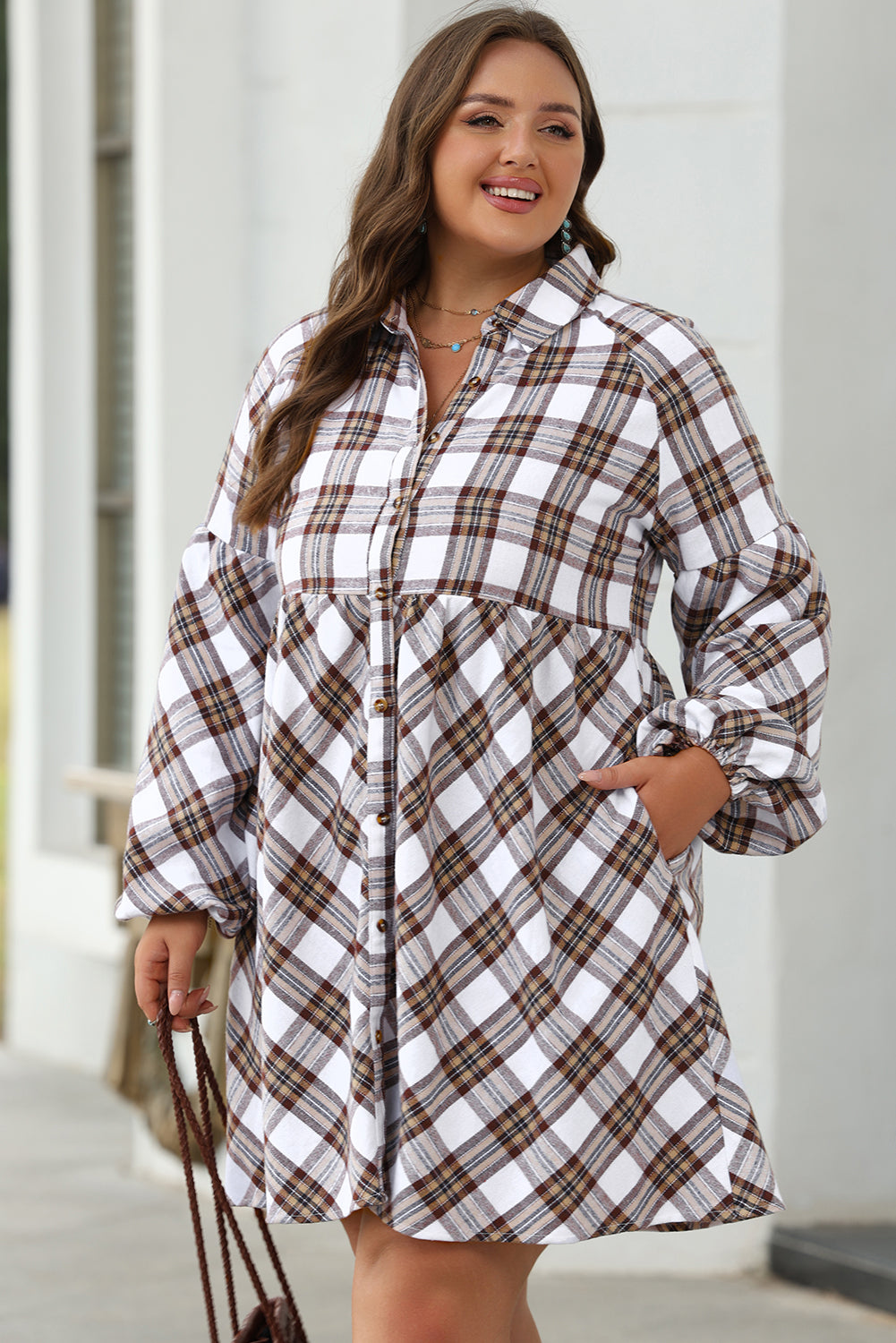 Flannel Bubble Sleeve Flowy Shirt Dress