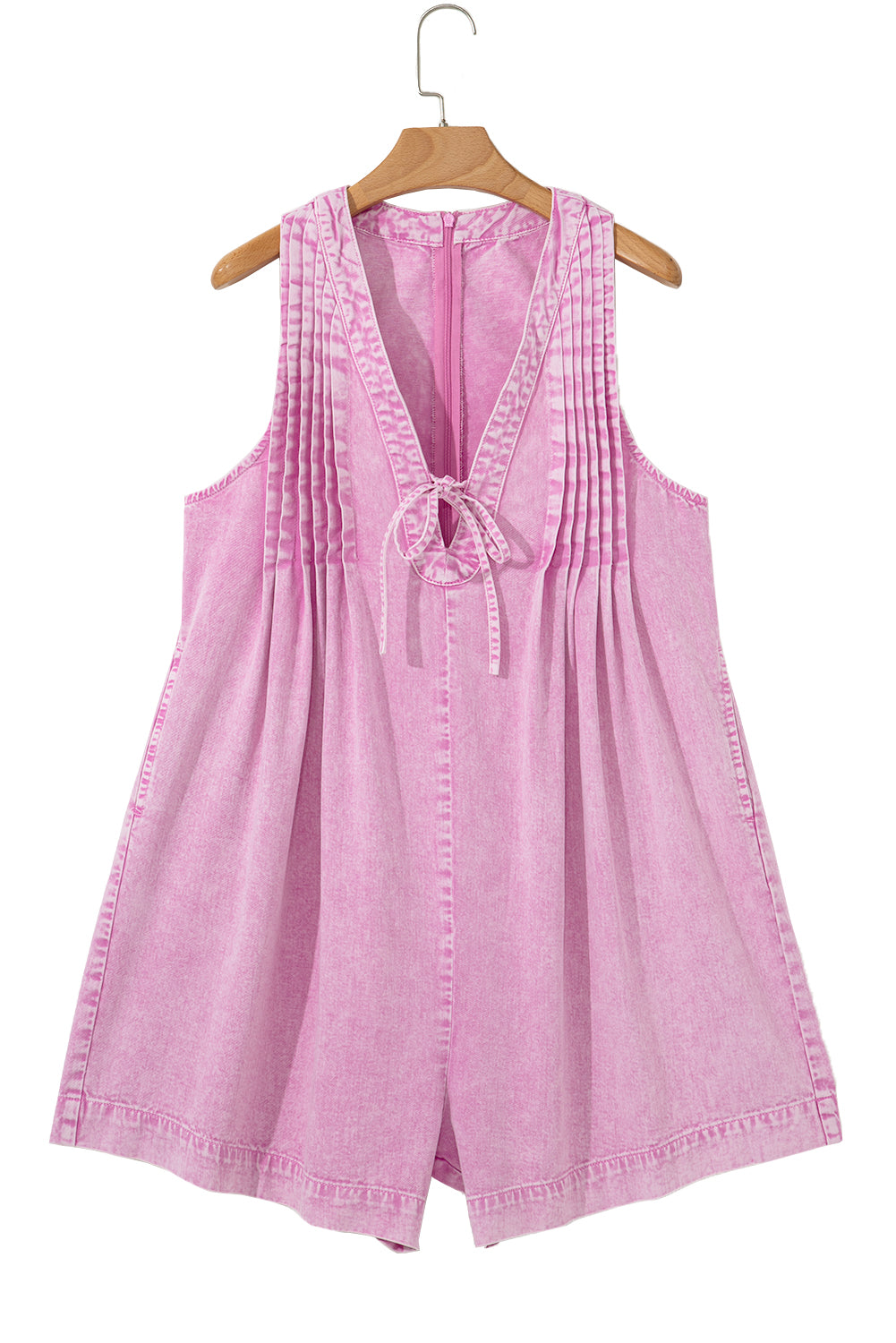 Bonbon Mineral Wash Pleated Bust V Neck Sleeveless Denim Romper