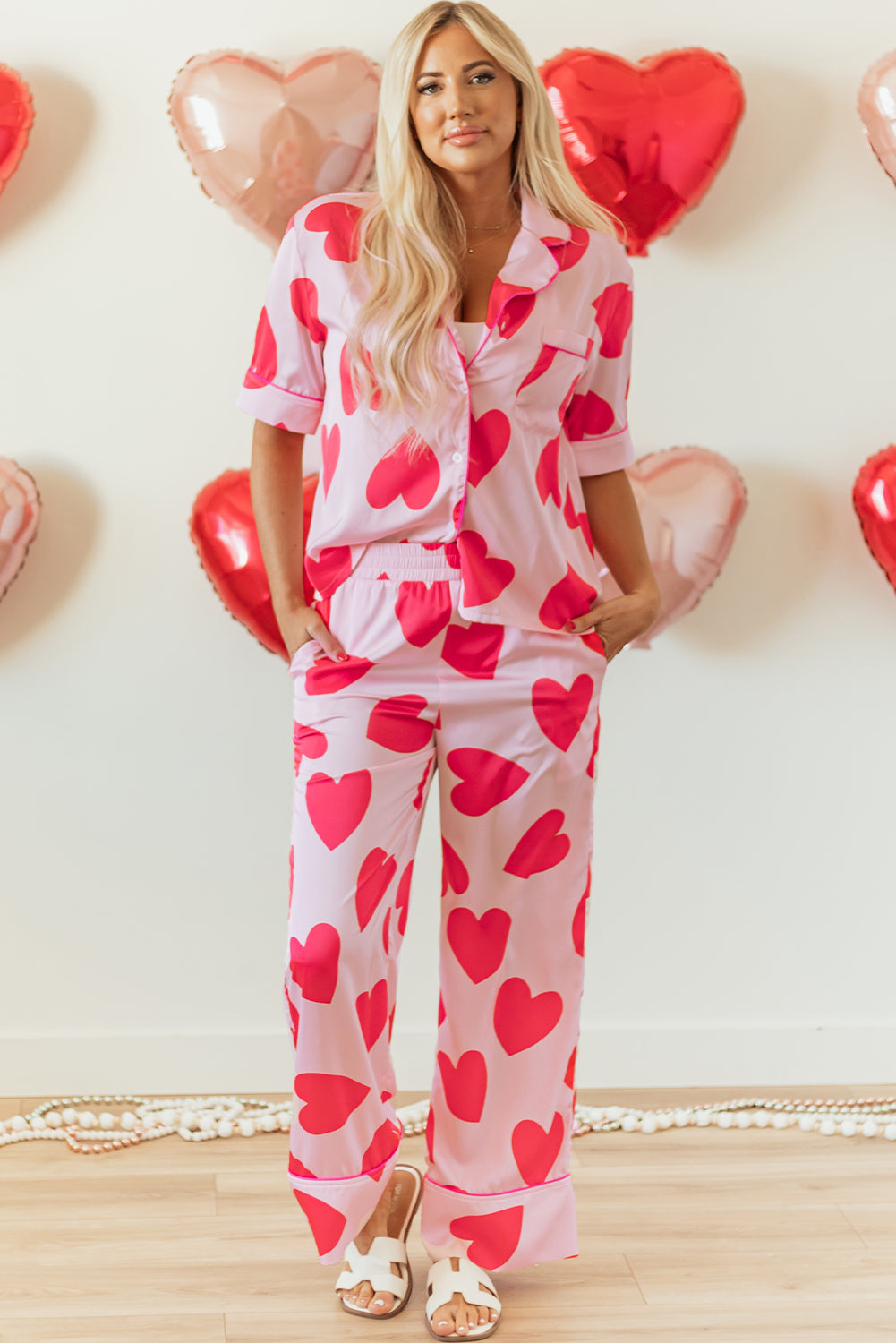 Pink Classic Heart Short Sleeve Pants Pajamas Set