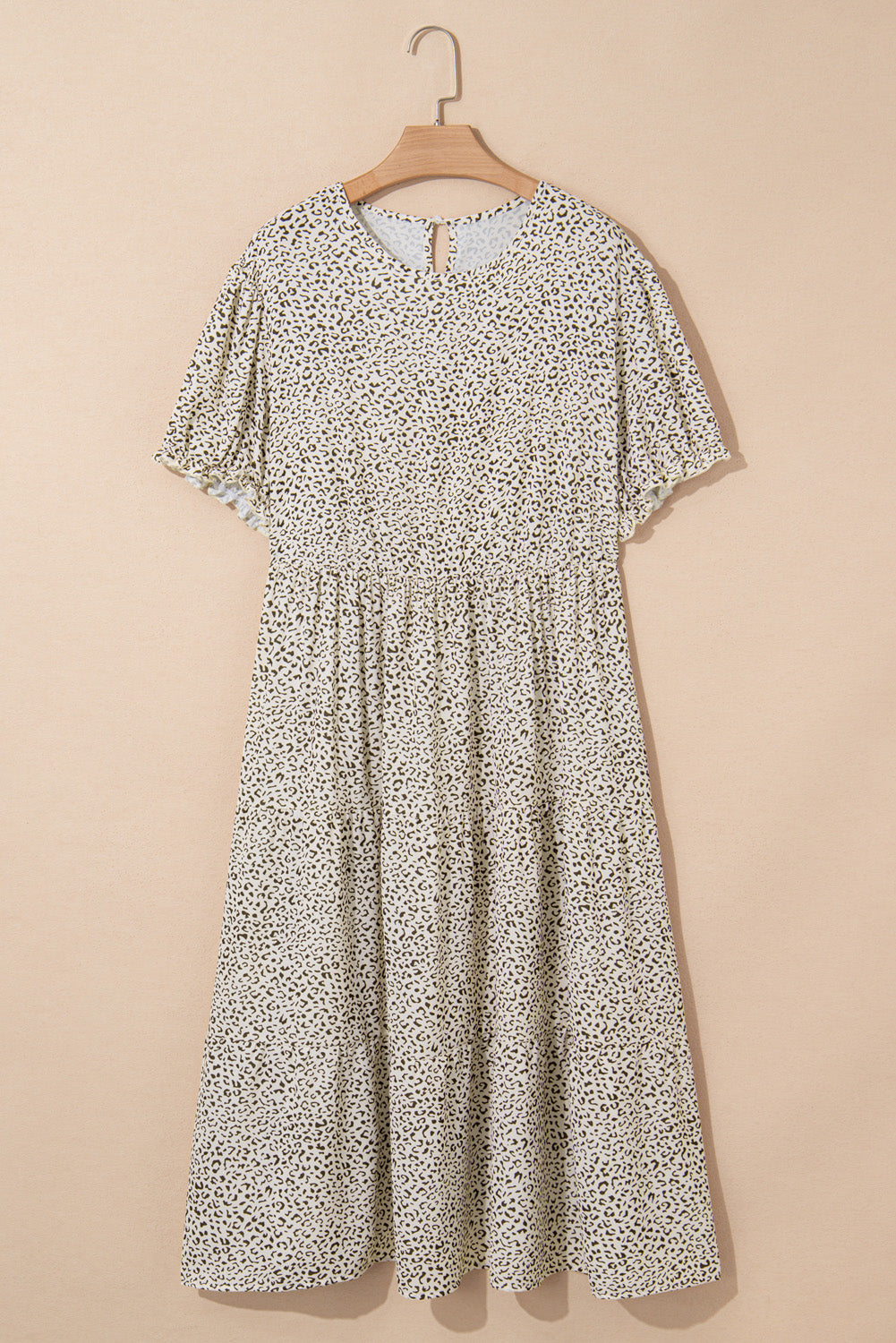 Beige Plus Size Leopard Print Frill Trim Short Sleeve Flared Dress