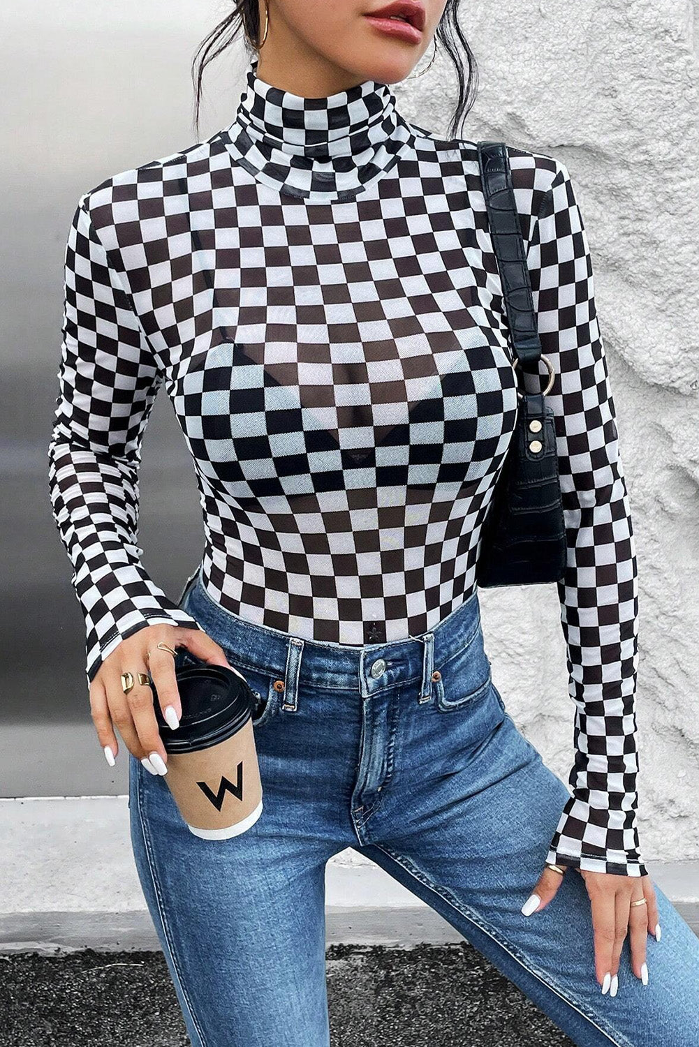 Black Checkered Mesh Bodysuit
