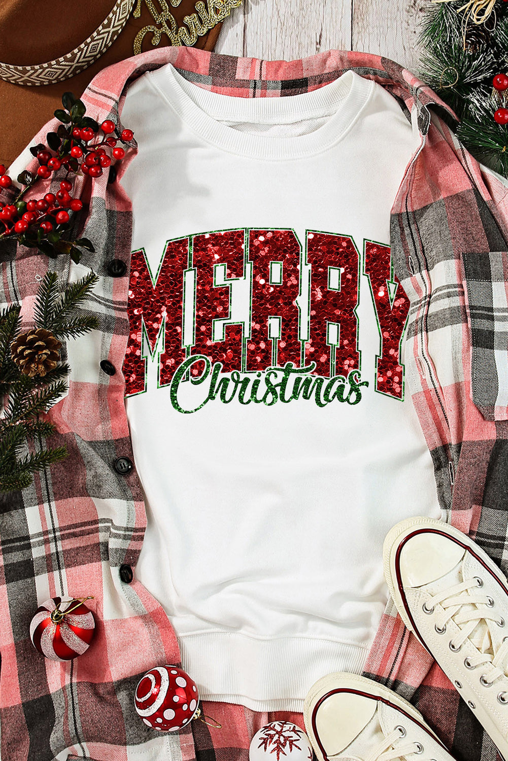 White MERRY Christmas Graphic Crewneck Pullover Sweatshirt