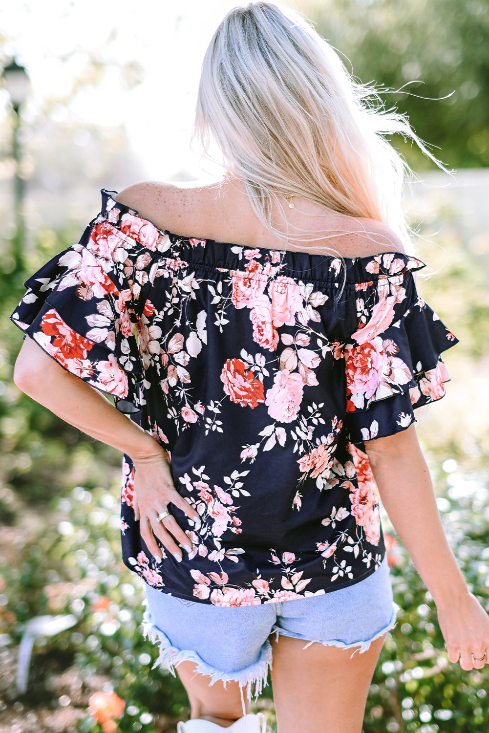 Blue Ruffle Off Shoulder Flounce Sleeve Floral Blouse