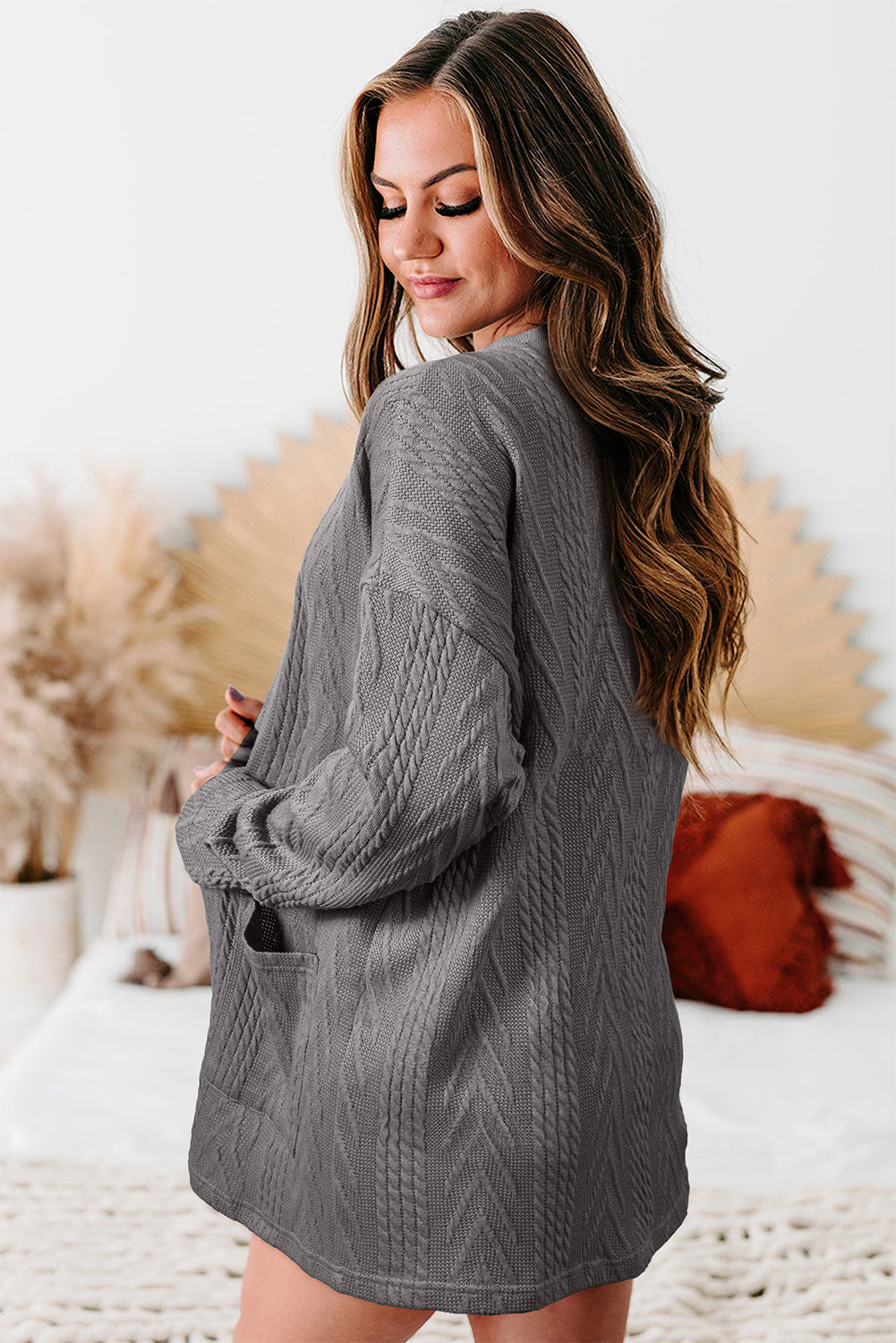 Grey Solid Textured Open Front Cardigan with Pocket