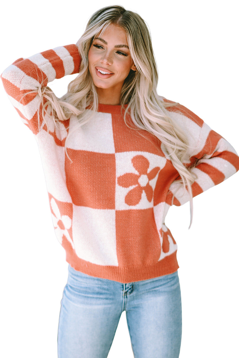 Orange Checkered Floral Sweater