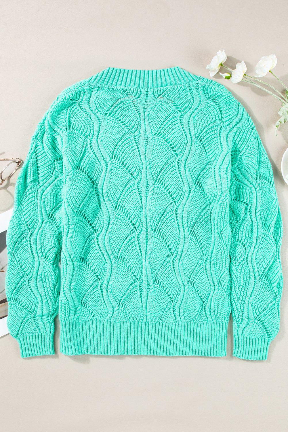 Mint Green Hollow Out Knit V Neck Drop Shoulder Sweater