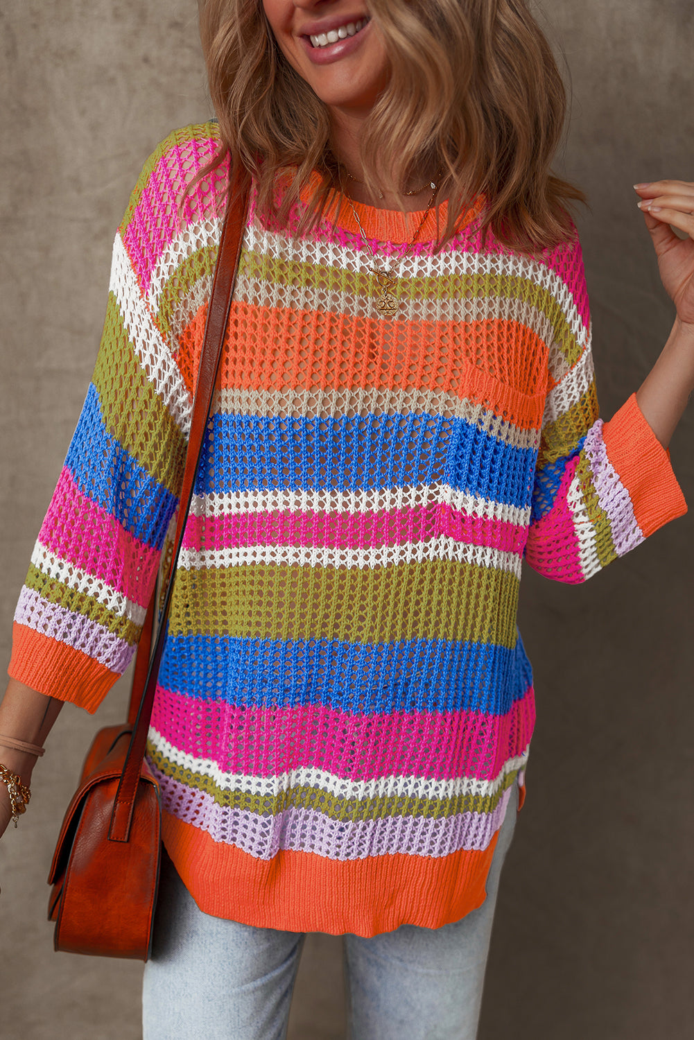 Orange Stripe Colorblock Hollowed Crochet 3/4 Sleeve Sweater