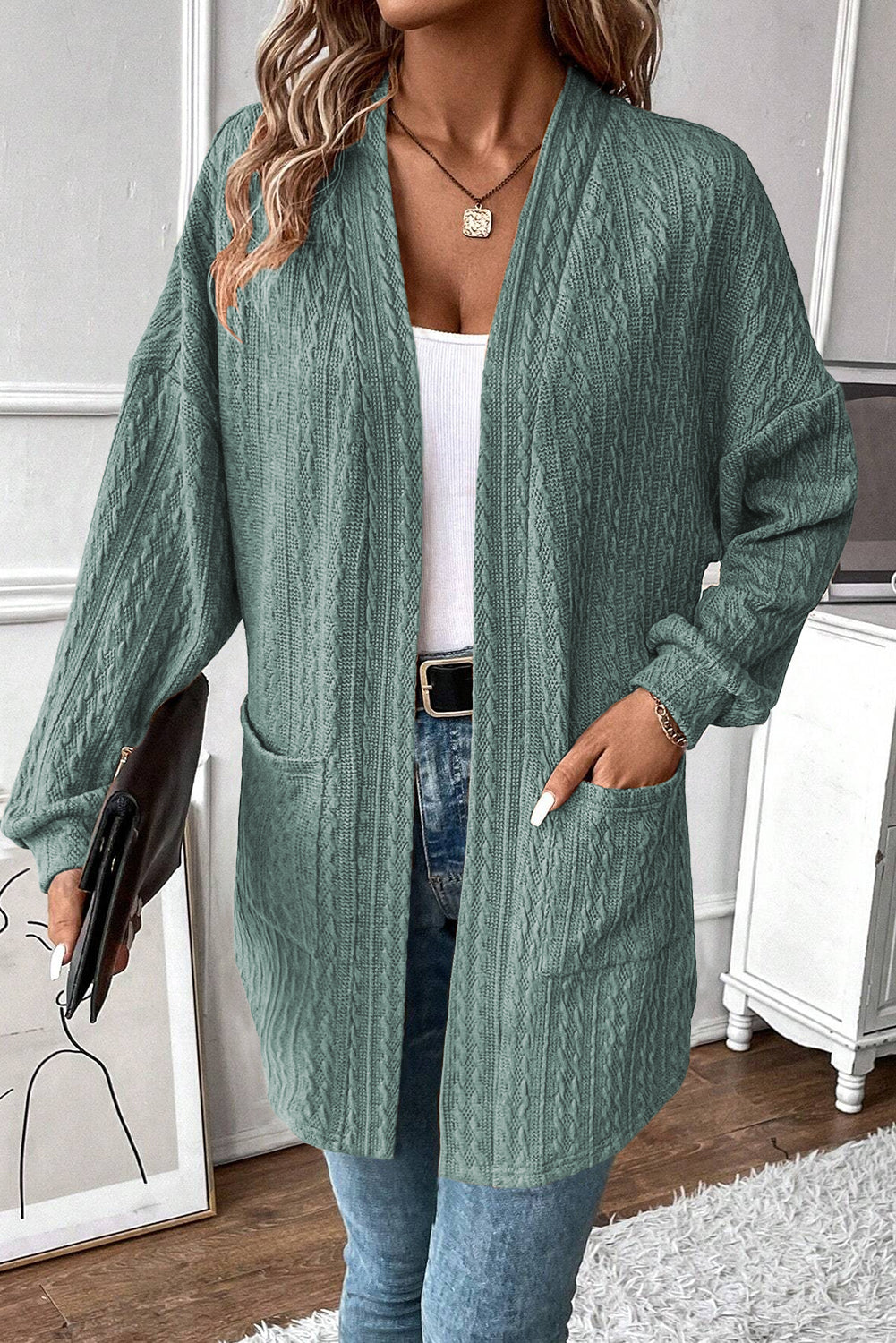 Canton Textured Knit Side Pockets Open Front Cardigan