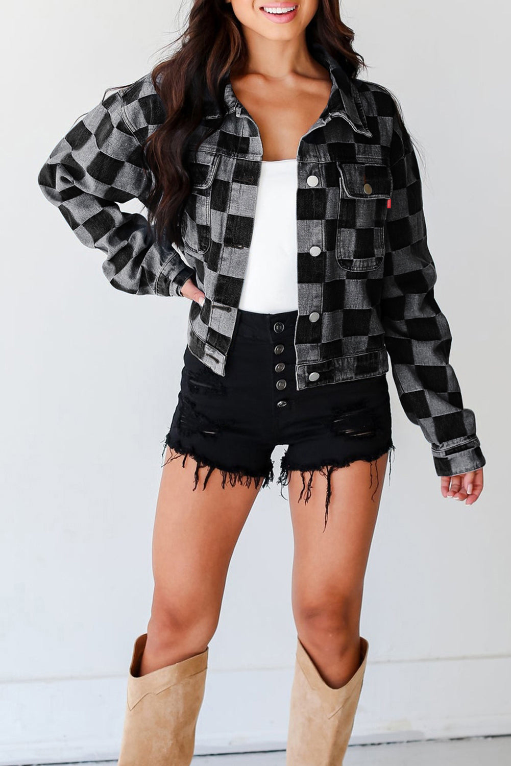 Black Checkered Denim Jacket