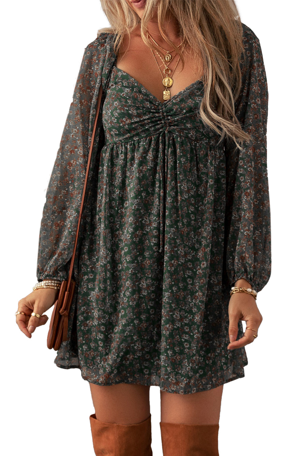 Green Fall Floral Mini Dress