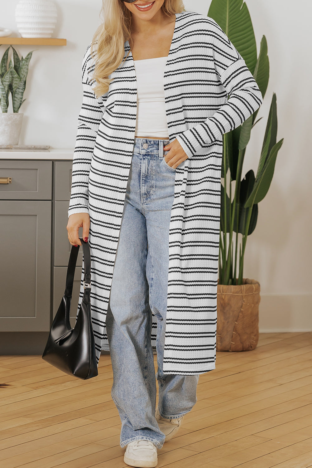 Black Stripe Print Open Front Cardigan