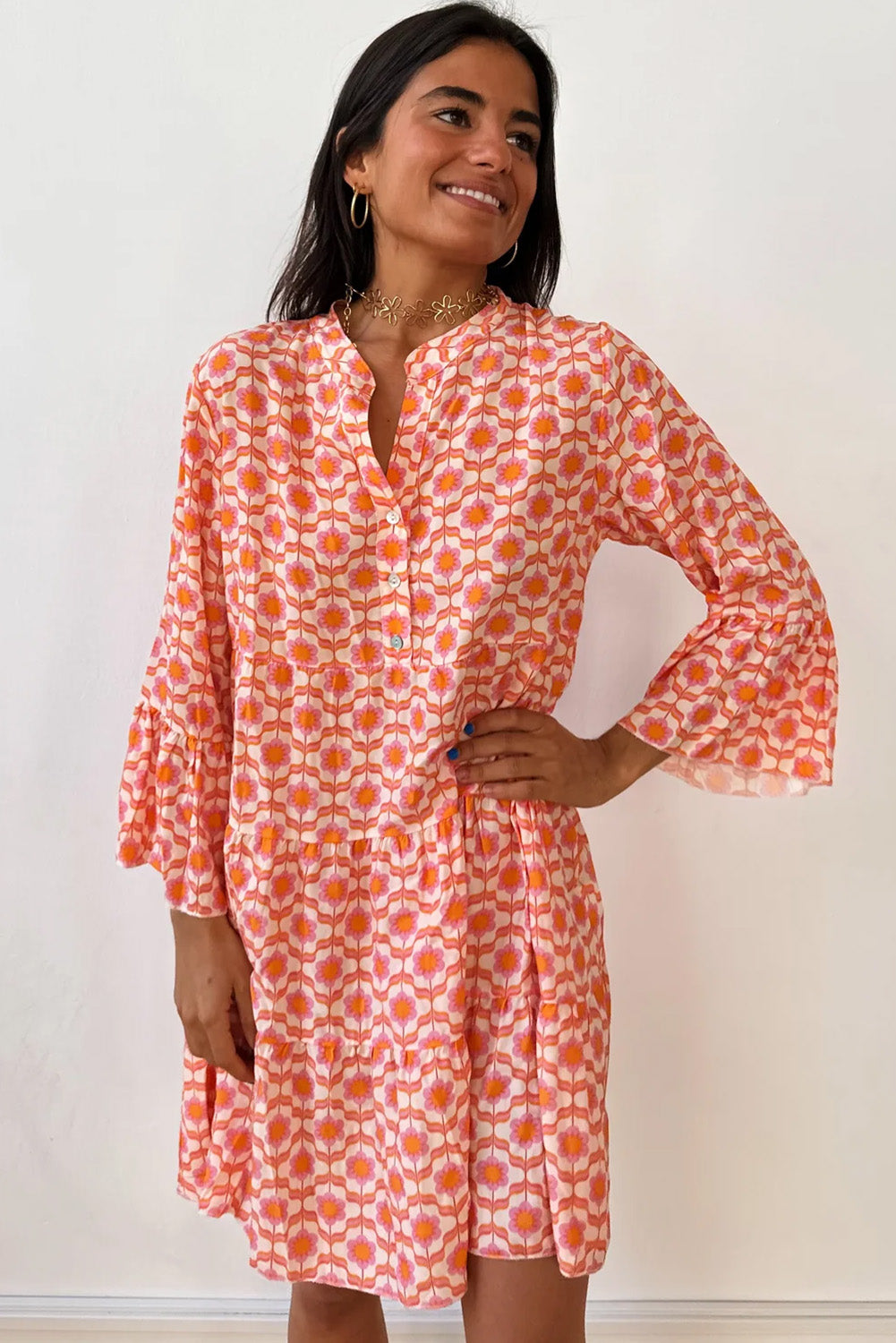 Orange Floral Print Flounce Sleeve Buttoned Front Mini Dress