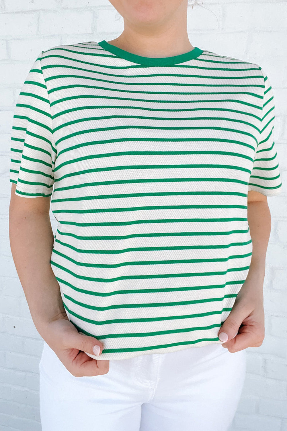 Green Stripe Plus Size Round Neck T Shirt