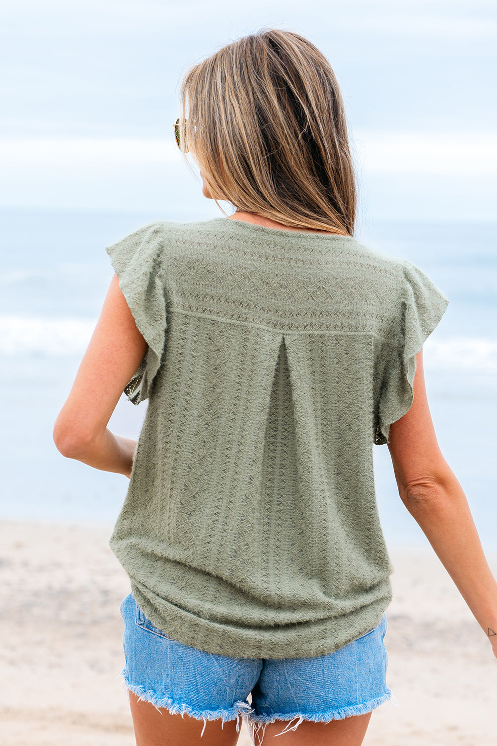 Green Flutter Sleeve V Neck Shirt