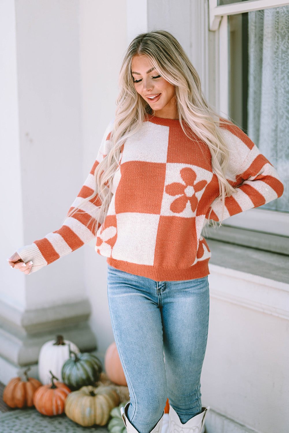 Orange Checkered Floral Sweater