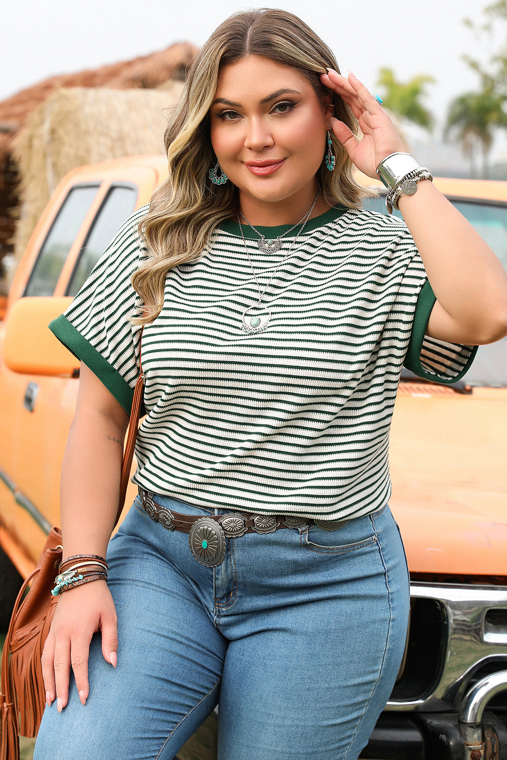 Green Stripe Trimmed Round Neck Plus Size Boxy Fit T-shirt