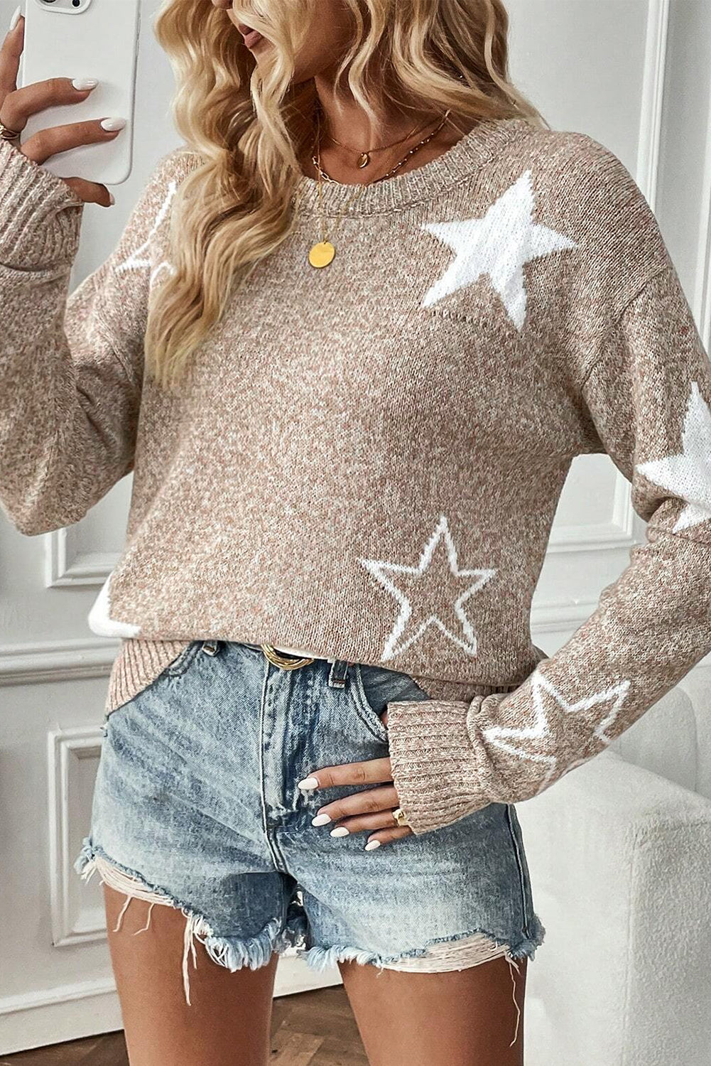 Khaki Star Pattern Sweater