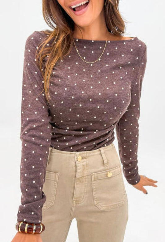 Dark Brown Polka Dot Boat Neck Knit Long Sleeve T-Shirt