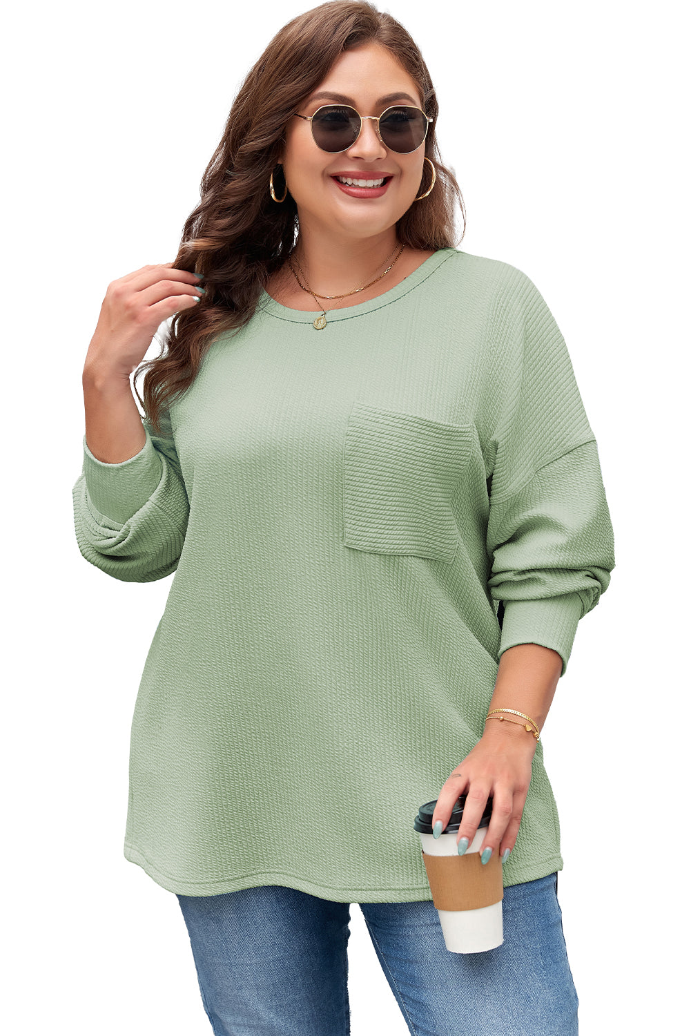 Aqua Plus Size Corded Knit Pocketed Crew Neck Top