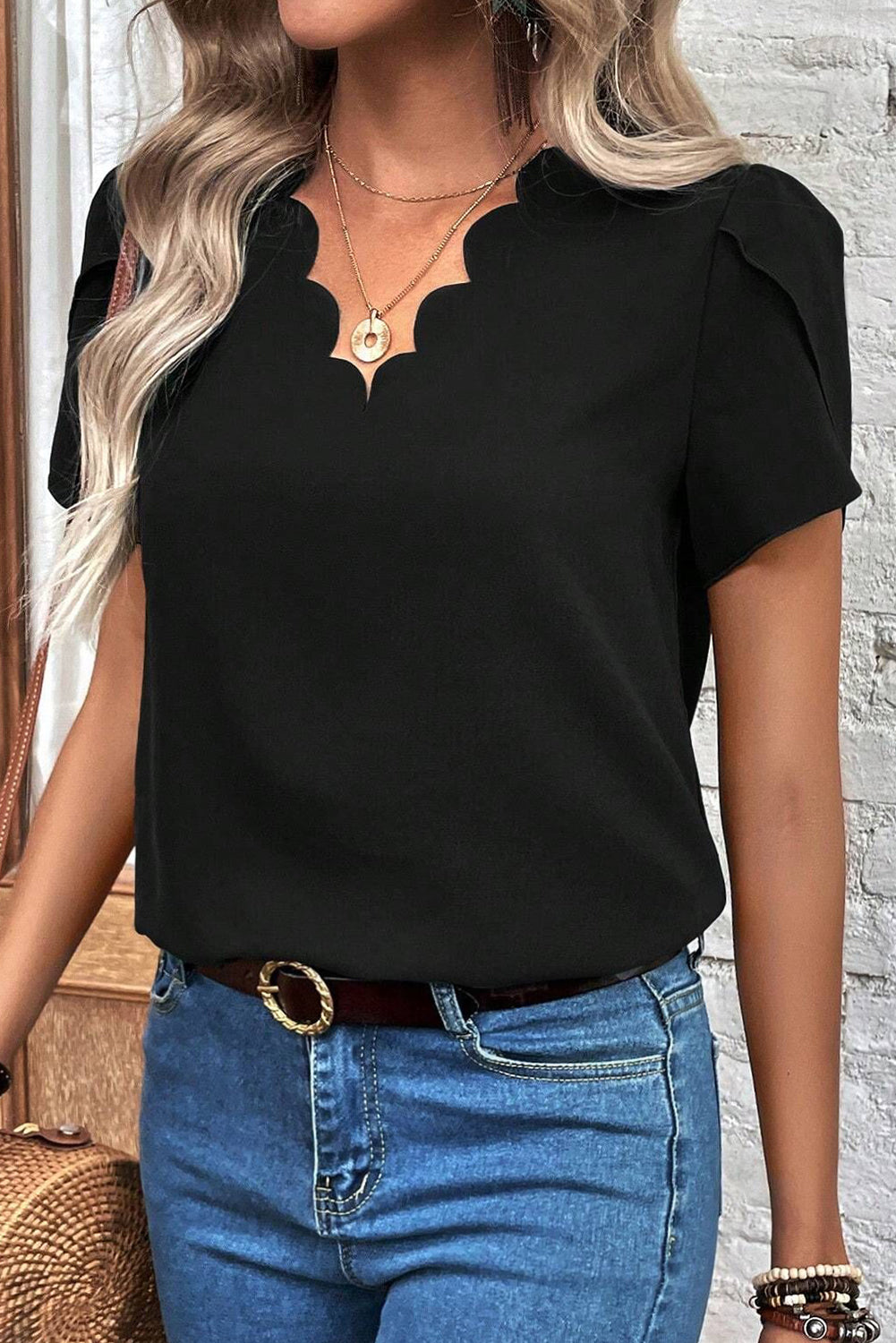 Black Scalloped V Neckline Petal Sleeve Top