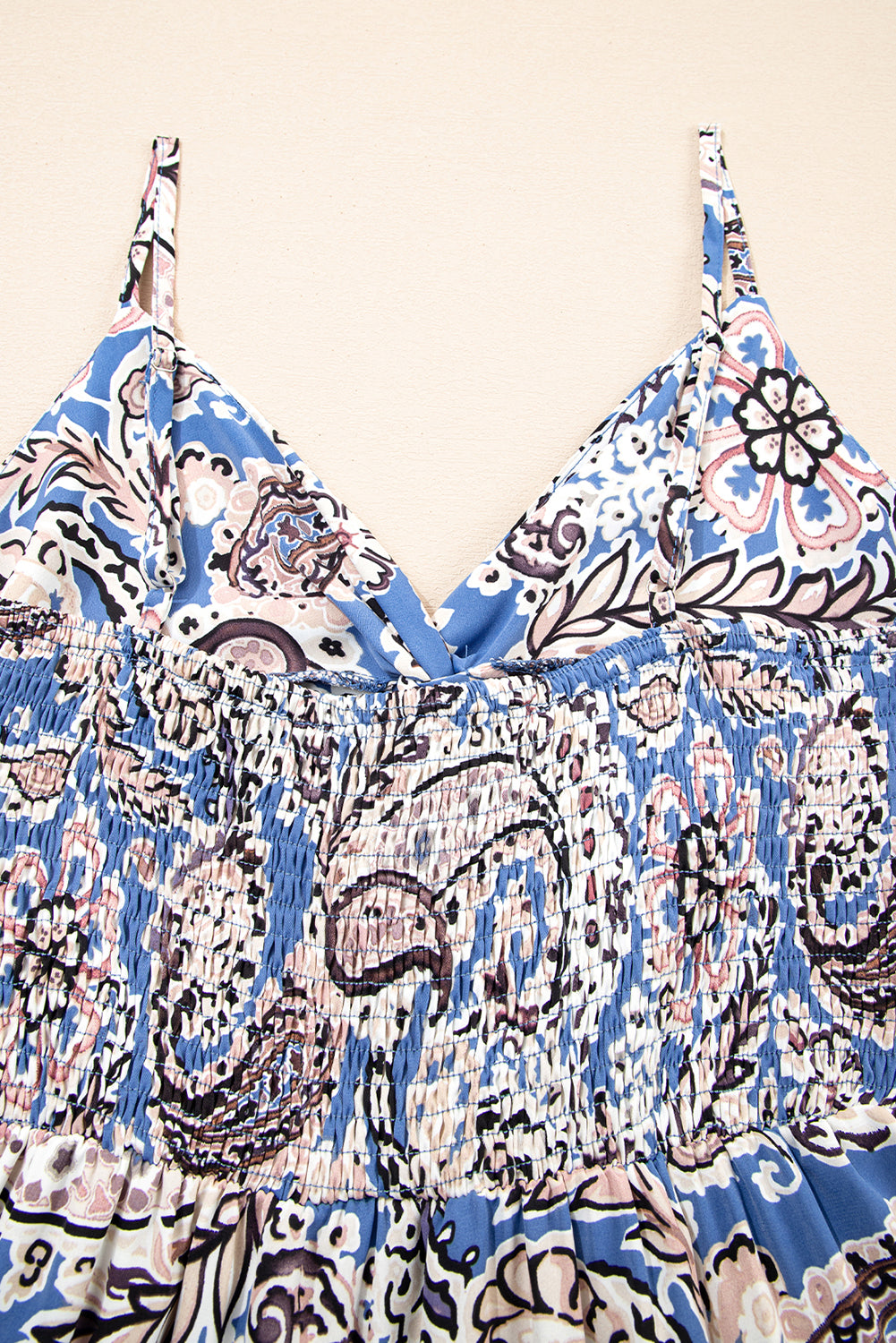 Blue Paisley Print Twist Detail Smocked Back Spaghetti Straps Long Dress