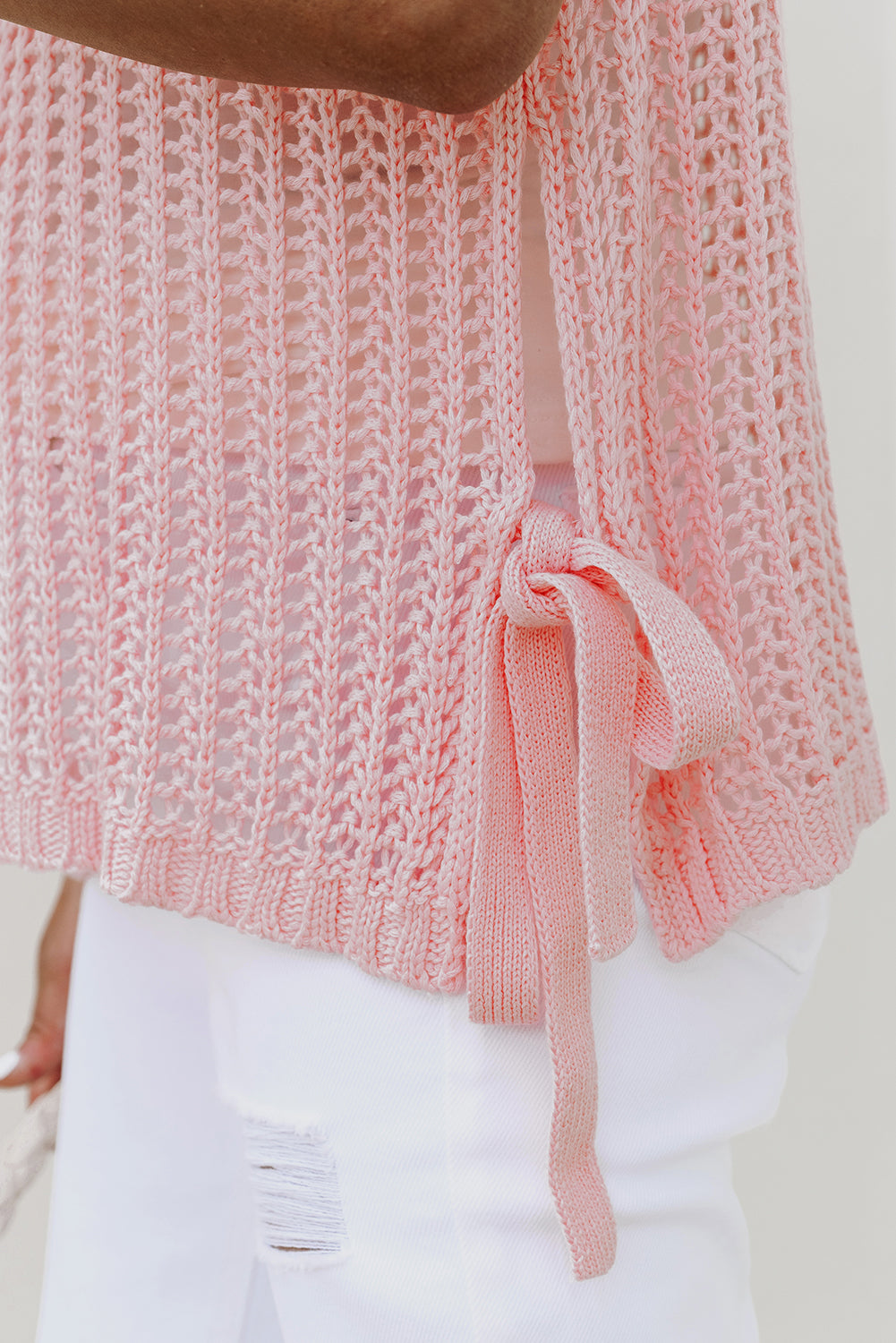 Pink Hollow-out Crochet Side Tied Short Sleeve Sweater