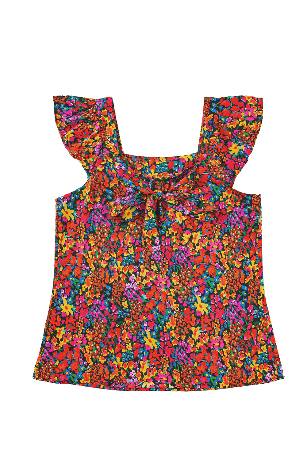 Multicolour Floral Print Cap Sleeve Square Neck Back Knot Blouse