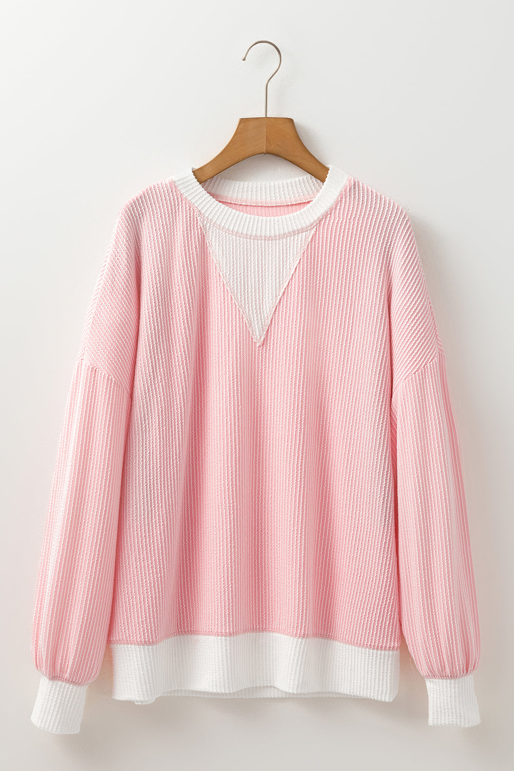 Peach Blossom Corded Colorblock Drop Shoulder Loose Top