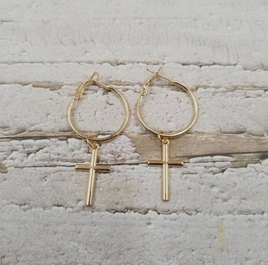 Gold cross drop earrings