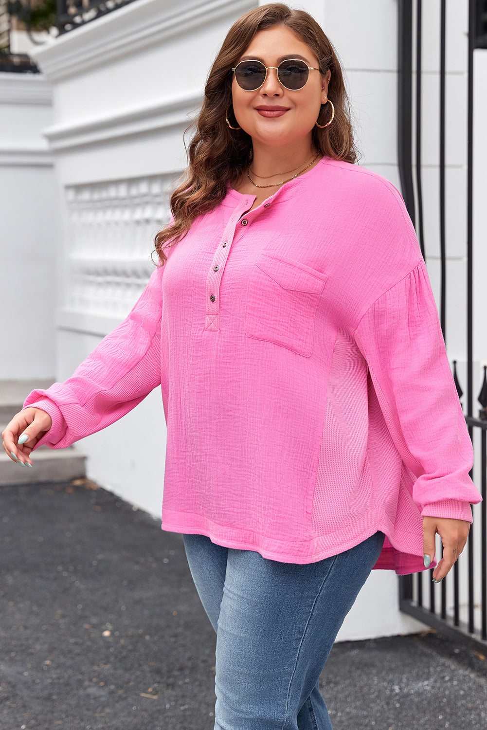 Bonbon Half Buttons Chest Pocket Drop Sleeve Plus Size Top