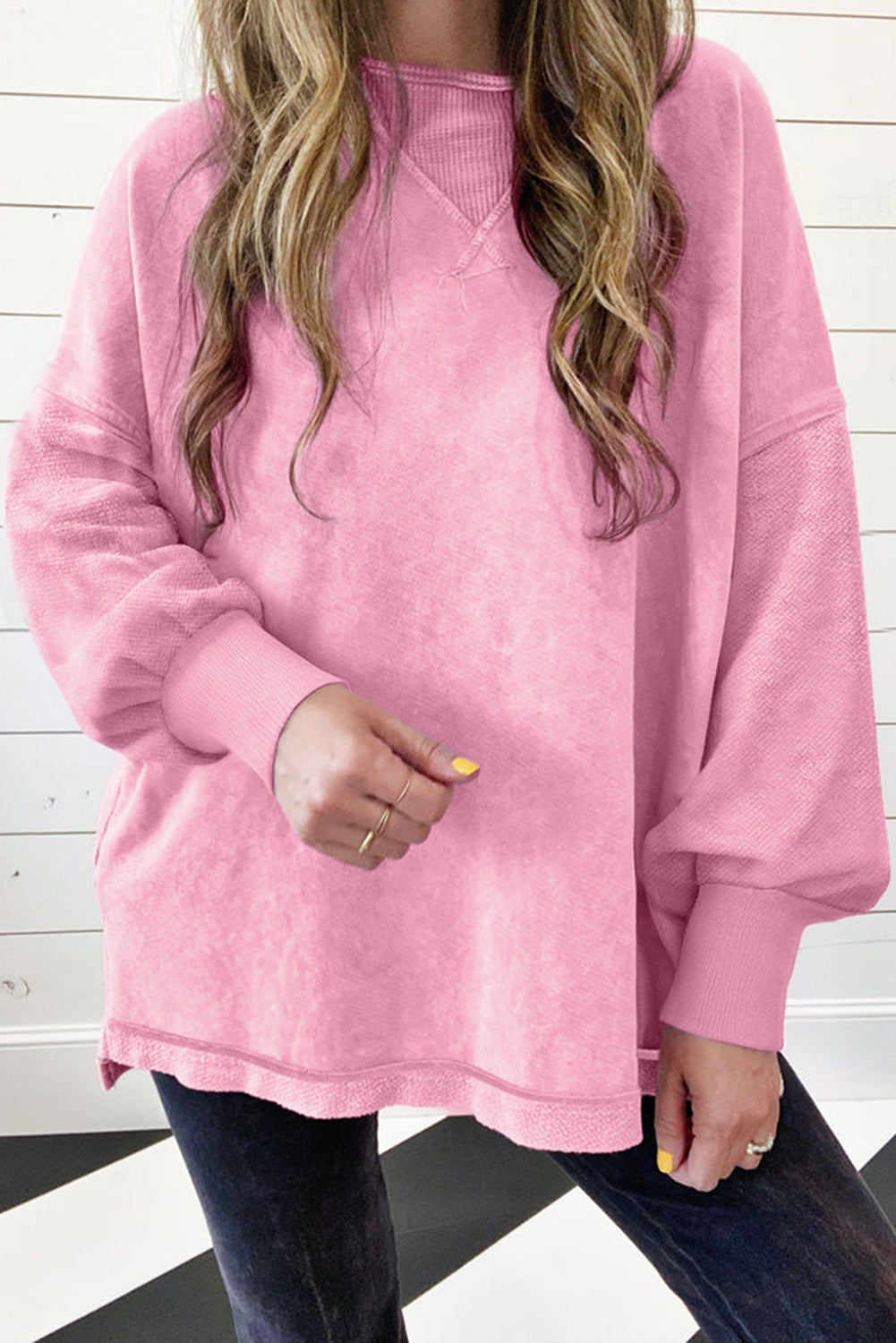 Strawberry Pink Mineral Wash Drop Shoulder Pullover Sweatshirt